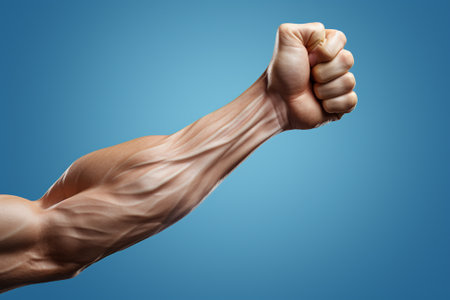 Close up of strong male hand showing fist. Strength and motivation conceptの素材