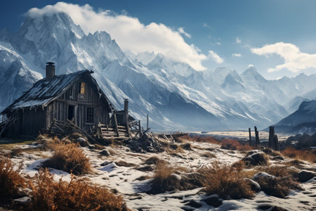 Beautiful mountain landscape with old wooden house in the foreground and snow-capped peaks in the backgroundの素材