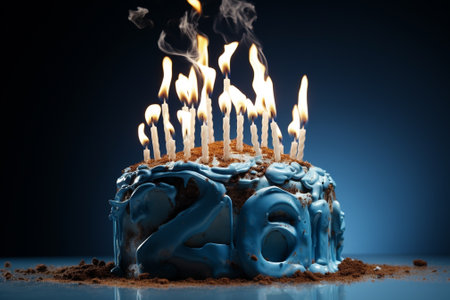 Birthday cake with burning candles on blue background. Selective focus.の素材