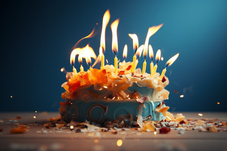 Birthday cake with burning candles on wooden table against blue background.の素材