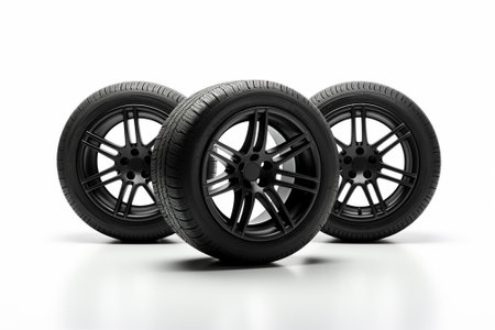 Car wheels isolated on a white background. 3d render illustration.の素材