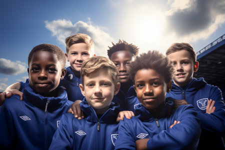 Portrait of a group of children standing together against blue sky with cloudsの素材
