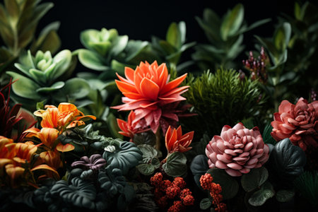 Colorful succulents on black background with copy space for textの素材