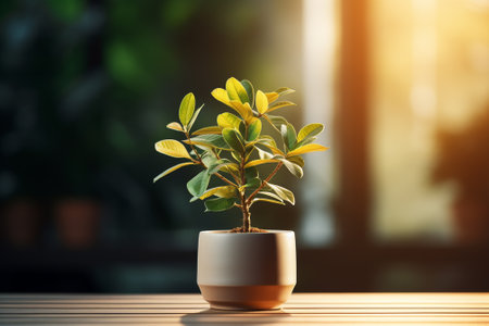 Small green plant in pot on wooden table in cafe, stock photoの素材