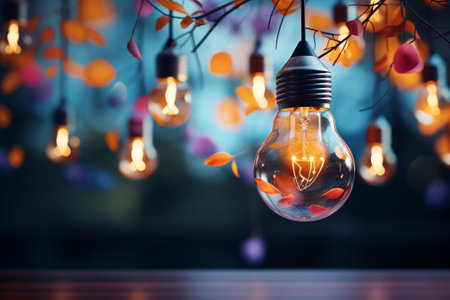 Retro style light bulb hanging on tree branch with bokeh backgroundの素材