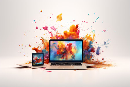 Laptop and tablet pc with colorful paint splashes on white backgroundの素材