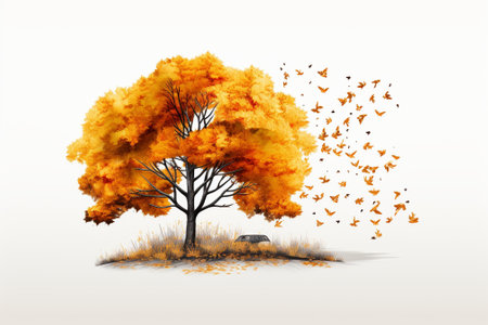 Autumn tree with flying birds on white background. Vector illustration.の素材