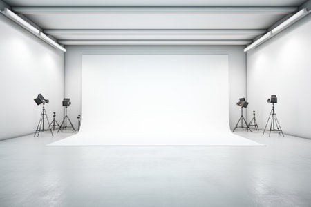 3d render of a modern gallery interior with blank white wall and equipmentの素材