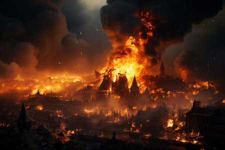 Big fire on the background of the destroyed city. 3d renderingの素材