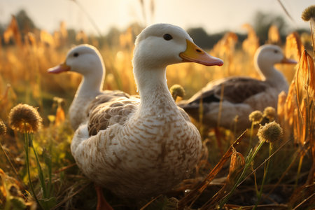 Ducks in the meadow at sunset, close-up.の素材