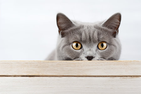 British shorthair cat peeking out from behind a white wooden boardの素材