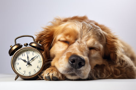 Cocker Spaniel dog with alarm clock on a white background.の素材