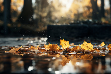 fallen autumn leaves on the water, close-up of photoの素材