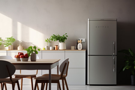 Modern kitchen interior with refrigerator and other utensils. Mock upの素材