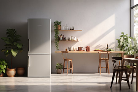 Interior of modern kitchen with gray walls, tiled floor, white cupboards and wooden bar with stools. 3d renderingの素材