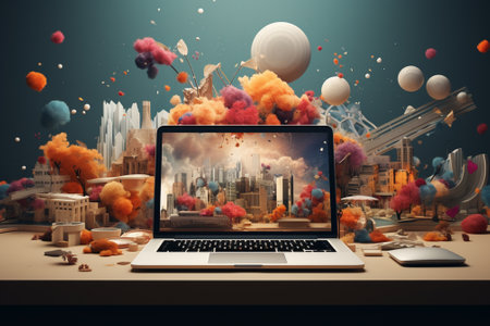 laptop on table with model of the city and clouds of colorsの素材