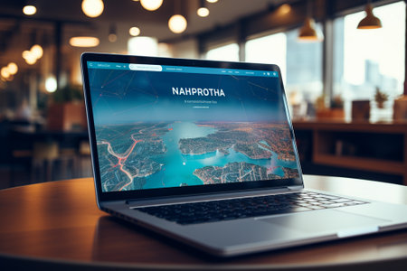 Laptop on table with map on screen. Internet and travel conceptの素材