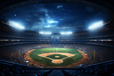Baseball stadium in night with stars and clouds. 3D renderingの素材