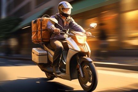 Man riding a scooter in the city with a package in his handの素材