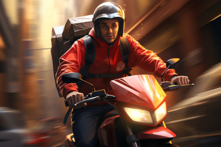 Delivery man on scooter delivering parcel box. Delivery service concept.の素材