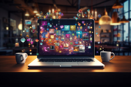 Laptop with abstract colorful media icons on screen. 3d renderingの素材