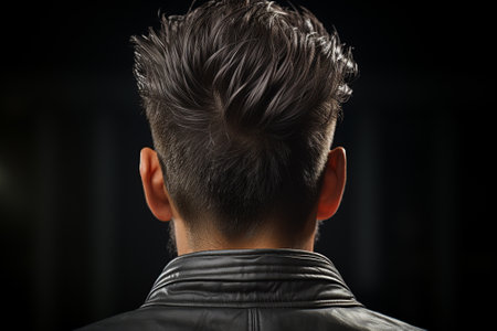 Rear view of a man with a haircut on a dark backgroundの素材