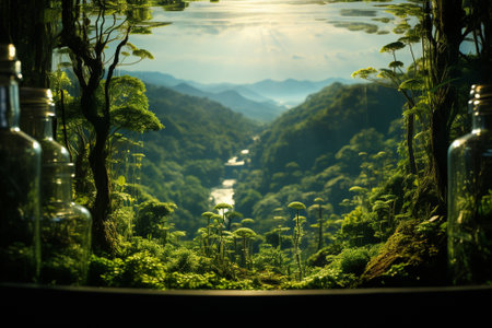 Tropical forest and river in glass jar on blurred background.の素材