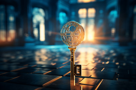 Cryptocurrency key with bitcoin symbol. 3d render illustration.の素材