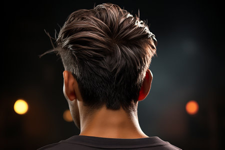 back view of young man with hair loss problem on dark background.の素材