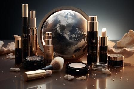Cosmetic products and earth globe on dark background. Collage.の素材
