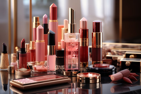 Different lipsticks on table, closeup. Professional make up productsの素材