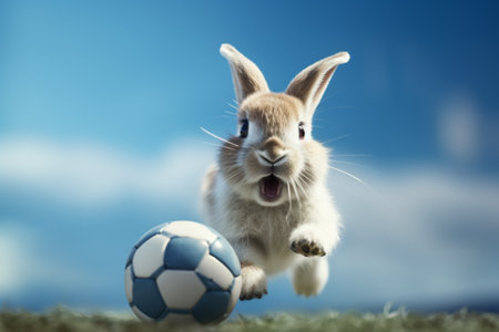 Rabbit and soccer ball on the grass with blue sky background.の素材
