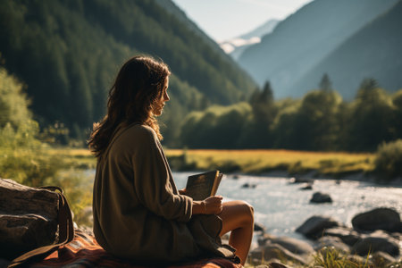 Young woman reading a book on the background of a mountain river.の素材
