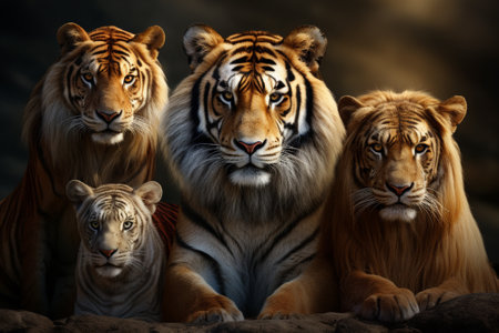 Group of tigers in front of a dark background,3d renderの素材