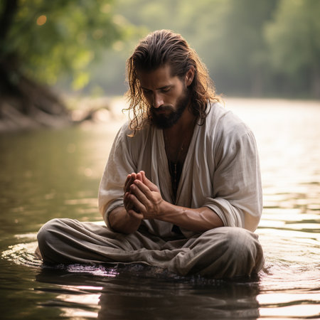 Handsome man praying in the river. Handsome young man in the water.の素材