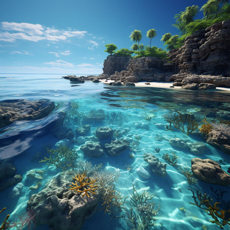 Coral reef and sandy beach in the ocean. 3d renderの素材