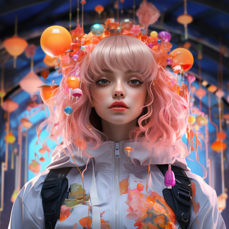 3d rendering of a beautiful girl with pink hair and colorful balloonsの素材
