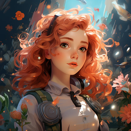 Portrait of a red-haired girl with a backpack in the forestの素材