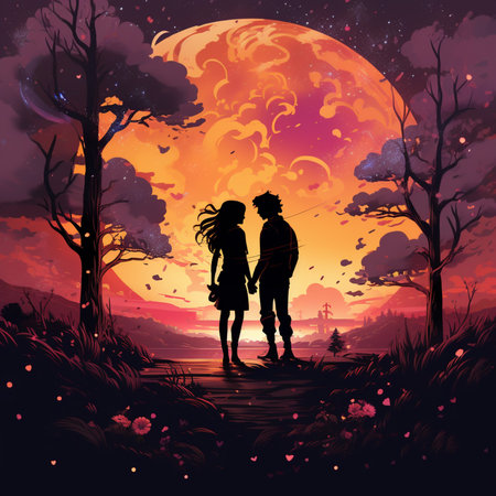 Happy couple in love on the background of the moon. Vector illustrationの素材