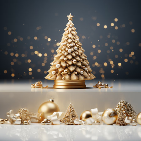 Christmas and New Year background with golden Christmas tree and decorations. 3d renderの素材