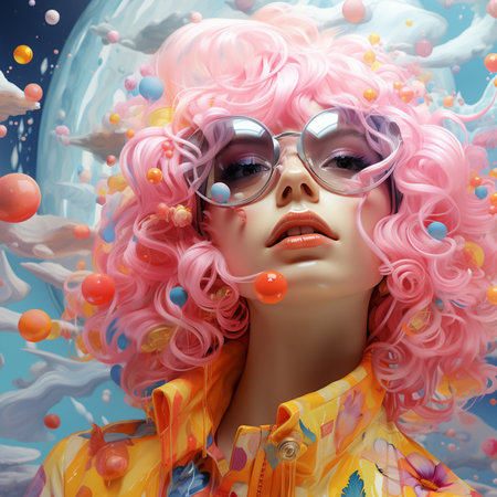 Fashion portrait of a beautiful girl with pink hair in sunglasses.の素材