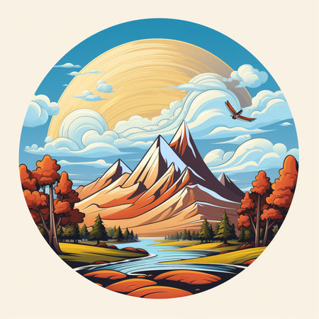 Mountain landscape with lake and forest. Vector illustration in retro style.の素材