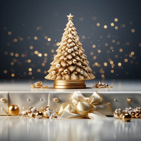 Christmas tree made of golden christmas baubles on white podium. 3d renderingの素材