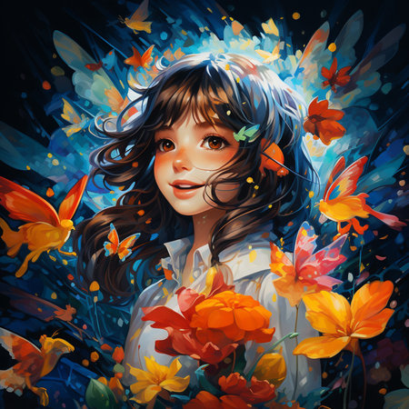 Beautiful girl with flowers in her hair. Hand-drawn illustration.の素材