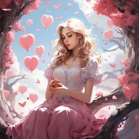 Beautiful woman in pink dress with red heart shaped balloons in the forestの素材