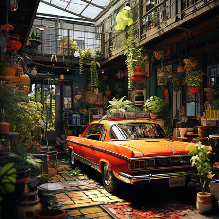 3d rendering of an old american car in a flower shopの素材