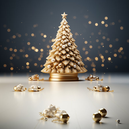 Christmas background with golden christmas tree. 3d render. New Year concept.の素材