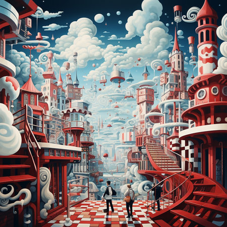 Fantasy city with red and blue buildings and people walking on the stairsの素材