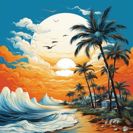 Tropical beach with palm trees at sunset. Vector illustration.の素材