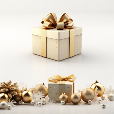 Christmas gift boxes with golden bow and christmas balls on white backgroundの素材
